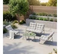 [en.casa] Conjunto de Muebles de Jardín Exterior Kivanta Set de 5 Piezas 2 Mesas de Centro Redondas 1 Sofá de 2 Plazas y 2 Sillas con Reposabrazos y Cojines Muebles de Terraza Acero - Verde/Gris