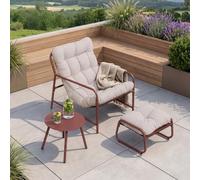 [en.casa] Conjunto de Muebles de jardín Trerdfjoa - Color óxido/Gris | 3 piezas resistente acero mesa redonda, taburete, silla con reposabrazos y cojín para exterior terraza 1 persona