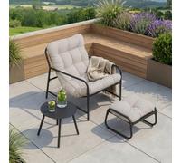 [en.casa] Conjunto de Muebles de jardín Trerdfjoa - Gris Oscuro/Gris | 3 piezas resistente acero mesa redonda, taburete, silla con reposabrazos y cojín para exterior terraza 1 persona