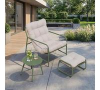 [en.casa] Conjunto de Muebles de jardín Trerdfjoa Verde Claro/Gris | 3 piezas resistente acero mesa redonda, taburete, silla con reposabrazos y cojín para exterior terraza 1 persona