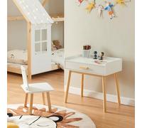 [en.casa] Conjunto Infantil de 1 Mesa y 1 Silla Skjervøy con Cajón Juego Elegante de 2 Piezas para Niños y Niñas Madera de Pino - Natural/Blanco