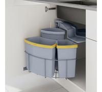 [en.casa] Cubo de Basura Cocina Kollby Empotrable Grande Capacidad 2x12 L + 1x6 L Papelera con Compartimentos Bajo Fregadero Sistema de Separación Residuos Cómodo Plástico Acero - Gris