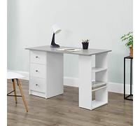 [en.casa] Escritorio Lemberg Escritorio con Cajones y Estantería Lateral de 3 Niveles Mesa Ordenador Tablero Rectangular Aglomerado 72 x 120 x 49 cm - Blanco/Gris Claro