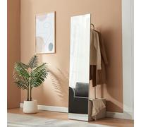 [en.casa] Espejo de Pie con Perchero Saden Mueble de Salón y Espejo de Cuerpo Entero 2 en 1 con Compartimento y Barra para Colgar Ropa Dormitorio Vestidor Entrada Metal 165 x 40 x 51 cm - Oatmeal