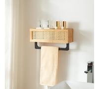 [en.casa] Estantería Baño Tervola Estantería de Pared Cesta Mural con Toallero Mueble de Cocina con Barra para Paños Franela Bambú/MDF 36x12,5x18,5cm - Negro/Natural
