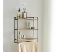 [en.casa] Estantería de Pared de 3 Niveles Estantes Flotantes para Baño con Toallero Mural Metal/Aglomerado 43 x 38 x 11 cm Negro/Efecto Madera