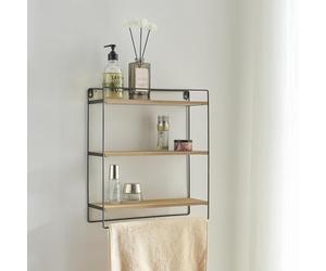 [en.casa] Estantería de Pared de 3 Niveles Estantes Flotantes para Baño con Toallero Mural Metal/Aglomerado 43 x 38 x 11 cm Negro/Efecto Madera