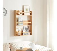 [en.casa] Estantería de Pared de 3 Niveles para Cocina Baño Oficina Estantería para Almacenamiento con 3 Estantes y Barras de Seguridad Bambú 80 x 60 x 12 cm - Natural