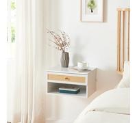 [en.casa] Estantería de Pared Eiker Mesita de Noche con Cajón y Compartimento Abierto Estante Flotante con Pasacables para Dormitorio Baño Salón Aglomerado 40 x 32 x 23 cm - Blanco