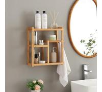 [en.casa] Estantería de Pared para Baño Multifuncional Estantería de Almacenamiento con 5 Estantes 1 Gancho Lateral para Toalla Borde Anticaída Bambú 42 x 37 x 17cm - Natural
