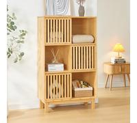 [en.casa] Estantería de Pie Ypäjä con 6 Compartimentos Estanteria Independiente con 3 Puertas Corredoras Librería para Salón Oficina Dormitorio Estable Sostenible Bambú 126x76x33cm - Natural