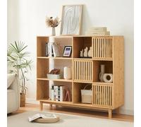 [en.casa] Estantería de Pie Ypäjä con 9 Compartimentos Estanteria Independiente con 3 Puertas Corredoras Librería para Salón Oficina Dormitorio Estable Sostenible Bambú 128x147x39 cm - Natural