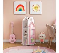 [en.casa] Estantería Giratoria para Niños Vipsali en Forma de Casa 3 Compartimentos Abiertos 6 Compartimentos Laterales Librería Infantil 108 x 40 x 40 cm - Rosa/Blanco