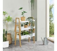 [en.casa] Estantería Independiente de 3 Piezas Soporte para Plantas de 3 Niveles Decorativo Estantes Apilables Portamacetas Bambú 85 x 65 x 30 cm - Color Natural y Blanco