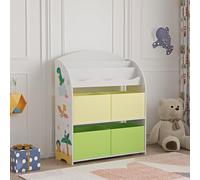 [en.casa] Estantería Infantil de 3 Niveles y con 4 Cajas Librería con Motivos Infantiles Dormitorio para Niños Habitación Infantil 98x83x30 cm Aglomerado - Motivo Dinosaurio Verde/Amarillo