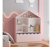 [en.casa] Estantería Infantil Vestnes en Forma de Casa con Techo con 4 Compartimentos Abiertos y 1 Cajón Librería para Niños 114 x 91 x 30 cm - Rosa/Blanco