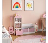 [en.casa] Estantería Infantil Vipsali en Forma de Casa con Banco 4 Compartimentos Abiertos 2 Cajas Plegables 1 Cajón Librería para Niños Niñas 100 x 99 x 30 cm - Rosa/Blanco