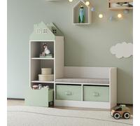 [en.casa] Estantería Infantil Vipsali en Forma de Casa con Banco 4 Compartimentos Abiertos 2 Cajas Plegables 1 Cajón Librería para Niños 100 x 99 x 30 cm - Verde Menta/Blanco