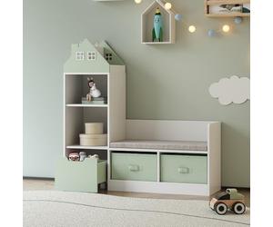 [en.casa] Estantería Infantil Vipsali en Forma de Casa con Banco 4 Compartimentos Abiertos 2 Cajas Plegables 1 Cajón Librería para Niños Niñas 100 x 99 x 30 cm - Verde Menta/Blanco