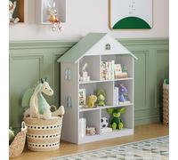 [en.casa] Estantería Infantil Vipsali en Forma de Casa con Techo Rosa Ventanas 6 Compartimentos Abiertos de Diferentes Tamaños Estantería de Pie para Niños MDF 107x83x30cm - Blanco/Verde Menta