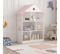 [en.casa] Estantería Infantil Vipsali en Forma de Casa con Techo Rosa Ventanas 6 Compartimentos Abiertos de Diferentes TamañosEstantería de Pie para Niños MDF 107x83x30cm - Blanco