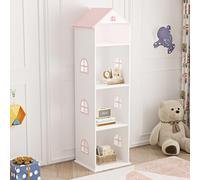 [en.casa] Estantería Infantil Vipsali en Forma de Casa con Techo Rosa Ventanas Librería 4 Compartimentos Abiertos Estantería de Pie para Niños MDF 140 x 40 x 35 cm - Blanco