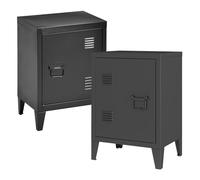 [en.casa] Juego de 2 Mesas de Noche Inari con Cerradura Magnética y Tirador Derecho e Izquierdo Set de 2 Mesas Auxiliares con Estante para Salón Oficina Ventilación Óptima 57x40x30 cm Acero - Negro