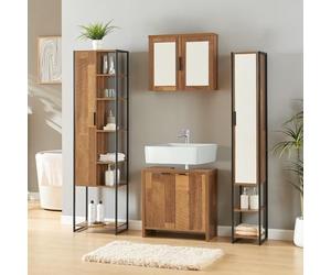[en.casa] Juego de Muebles de Baño Namsskogan 4 Piezas - Armario Alto, Columna con Espejo, Mubele Deabjo Lavabo, Mueble Auxiliar con Espejo - Agomerado Metal - Efecto Roble y Negro