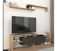 [en.casa] Juego de Muebles de Salón Liksefte Mesa para Televisor con Múltiples Compartimentos Estantes y 1 Puerta Mueble TV con Estantería de Pared Aglomerado 154x28x42cm - Efecto Roble Zafiro/Negro