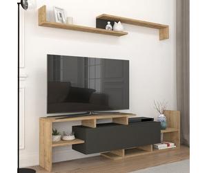 [en.casa] Juego de Muebles de Salón Liksefte Mesa para Televisor con Múltiples Compartimentos Estantes y 1 Puerta Mueble TV con Estantería de Pared Aglomerado 154x28x42cm - Efecto Roble Zafiro/Negro