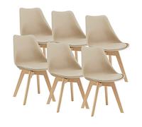[en.casa] Juego de Sillas de Comedor Fläten Pack 6 Sillas Tapizadas Nórdicas Versátil Asiento Acolchado de Cocina Patas de Madera de Haya Cubierta Cuero Sintético 82x49x54cm - Beige