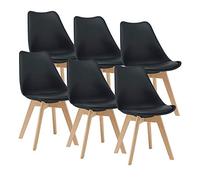 [en.casa] Juego de Sillas de Comedor Fläten Pack 6 Sillas Tapizadas Nórdicas Versátil Asiento Acolchado de Cocina Patas de Madera de Haya Cubierta Cuero Sintético 82x49x54cm - Negro