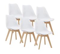 [en.casa] Juego de Sillas de Comedor Fläten Pack 6 Sillas Tapizadas Nórdicas Versátil Asiento Acolchado de Cocina Patas de Madera de Haya Cubierta Cuero Sintético 82x49x54cm - Blanco