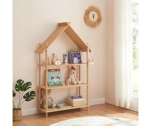 [en.casa] Librería Infantil Diseño en Forma de Casa Organizador de Juguetes Estantería para Niños con 3 Estantes para Guardería Sala de Espera Bambú 137 x 90 x 30 cm - Natural