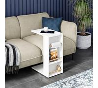[en.casa] Mesa Auxiliar en Forma de C con Ruedas 2 Compartimentos Abiertos con Barras de Protección Anticaída Mesitas de Noche Versátil Deslizar Debajo Cama Aglomerado 65x44x29 cm - Blanco