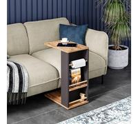 [en.casa] Mesa Auxiliar en Forma de C con Ruedas 2 Compartimentos Abiertos con Barras de Protección Anticaída Mesitas de Noche Versátil Deslizar Debajo Cama Aglomerado 65x44x29cm - Negro Efecto Madera
