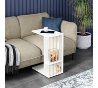 [en.casa] Mesa Auxiliar en Forma de C con Ruedas 2 Compartimentos Abiertos Mesitas de Noche Versátil Mesa para Portátil Deslizar Debajo Cama Sofá Aglomerado 65x44x29 cm - Blanco