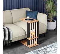 [en.casa] Mesa Auxiliar en Forma de C con Ruedas 2 Compartimentos Abiertos Mesitas de Noche Versátil Mesa para Portátil Deslizar Debajo Cama Sofá Aglomerado 65x44x29 cm - Efecto Madre/Negro