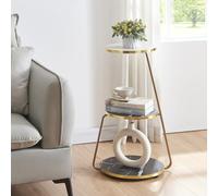 [en.casa] Mesa Auxiliar Estantería de 3 Niveles Mesa de Noche Uso Versátil Sala Dormitorio Metal/Aglomerado 74 x 46 x 37 cm - Mármol Negro/Mármol Blanco y Dorado