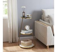 [en.casa] Mesa Auxiliar Estantería de 3 Niveles Mesa de Noche Uso Versátil Sala Dormitorio Metal/Aglomerado 74 x 46 x 37 cm - Mármol Blanco/Mármol Negro