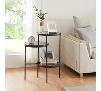 [en.casa] Mesa Auxiliar Redonda con 2 Estantes Mesa de Salón Junto al Sofá Mesilla de Noche Mesa Multifuncional Estable Decorativo Versátil Cristal Templado Metal 70x58x37cm - Negro