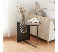 [en.casa] Mesa Auxiliar Semiovalada Mesilla de Noche con Motivo de Hoja de Palma Mesa de Entrada Estable Multiusos para Salón Dormitorio Recibidor Metal Cristal 50 x 50 x 35 cm - Negro