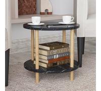 [en.casa] Mesa Auxiliar Ves Redonda Mesita de Café Mesa de Centro Pequeña con Estante Salón Dormitorio Despacho 49xØ42 cm - Efecto mármol Negro