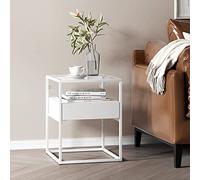 [en.casa] Mesa Auxiliar Vissenbjerg con Cajón Mesilla de Noche Versátil Cuadrada para Salón Dormitorio Cristal Templado y Acero 51 x 40 x 40 cm - Blanco Mate