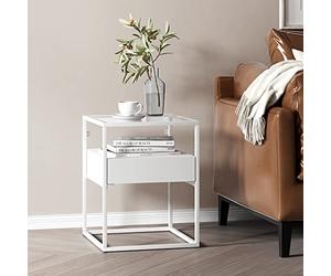 [en.casa] Mesa Auxiliar Vissenbjerg con Cajón Mesilla de Noche Versátil Cuadrada para Salón Dormitorio Cristal Templado y Acero 51 x 40 x 40 cm - Blanco Mate