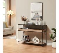[en.casa] Mesa Consola Belana con Base de Metal 1 Compartimento Abierto y 1 Estante Mesa Auxiliar para Sala Pasillo Entrada Recibidor Oficina 110 x 40 x 80 cm - Negro/Efecto Roble