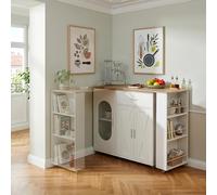 [en.casa] Mesa de Bar Extensible Kudebola con Ruedas y encimera giratoria | Isla de cocina cajón 3 puertas 115 x 40 x 94 cm efecto roble y blanco