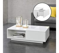[en.casa] Mesa de café 95 x 55 x 31 cm con estante y cajón, mesa de salón, mesa de café, tablero de partículas, color blanco brillante