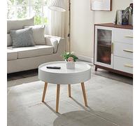 [en.casa] Mesa de Centro Bongard Redonda con Compartimento Tablero Extraíble Diseño Mesita de Café Mesa Auxiliar de Sofá Salón Despacho MDF Bambú 45xØ60 cm Blanco Madera