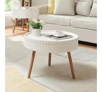 [en.casa] Mesa de Centro Bongard Redonda con Compartimento Tablero Extraíble Diseño Ranurado Mesita de Café Mesa Auxiliar de Sofá Salón Despacho MDF Bambú 45xØ60 cm Blanco